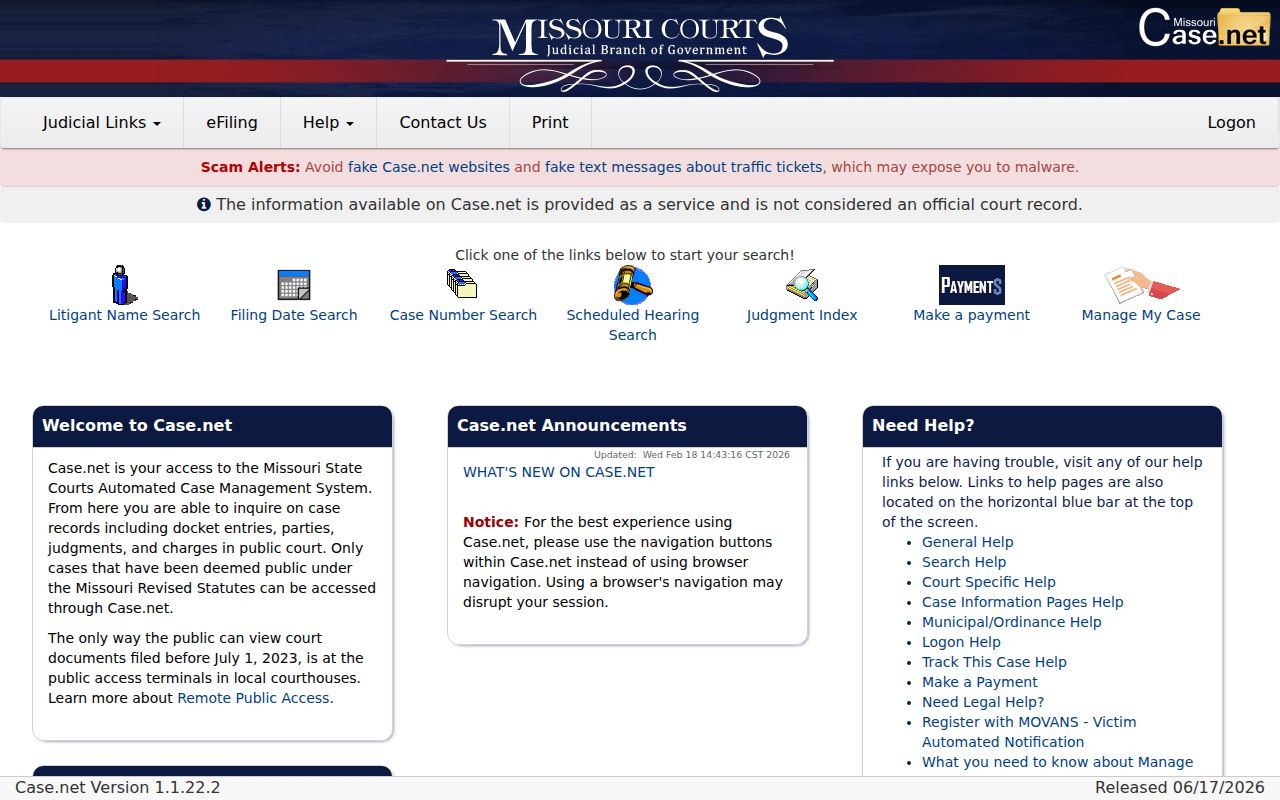 Dent County criminal court case search entry in Missouri Case.net