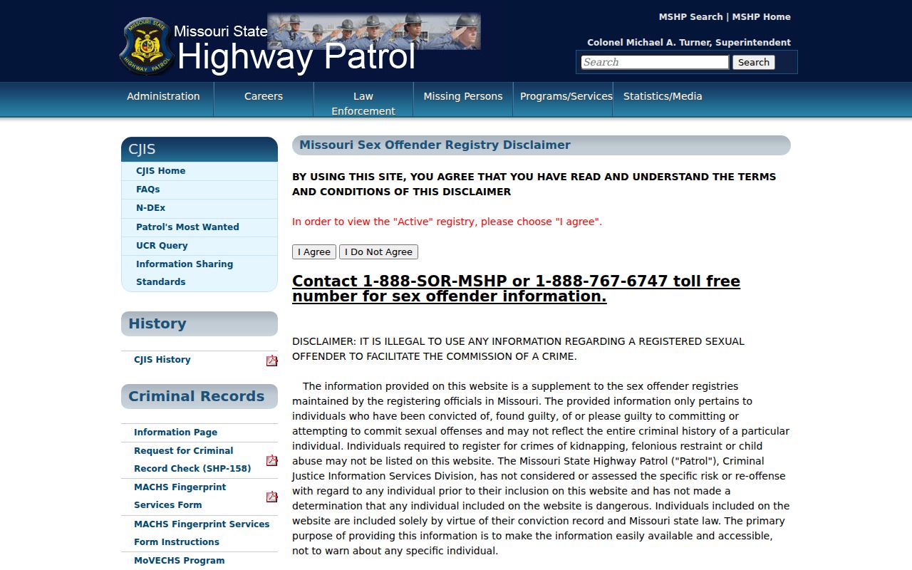 Dent County sex offender registry disclaimer screen