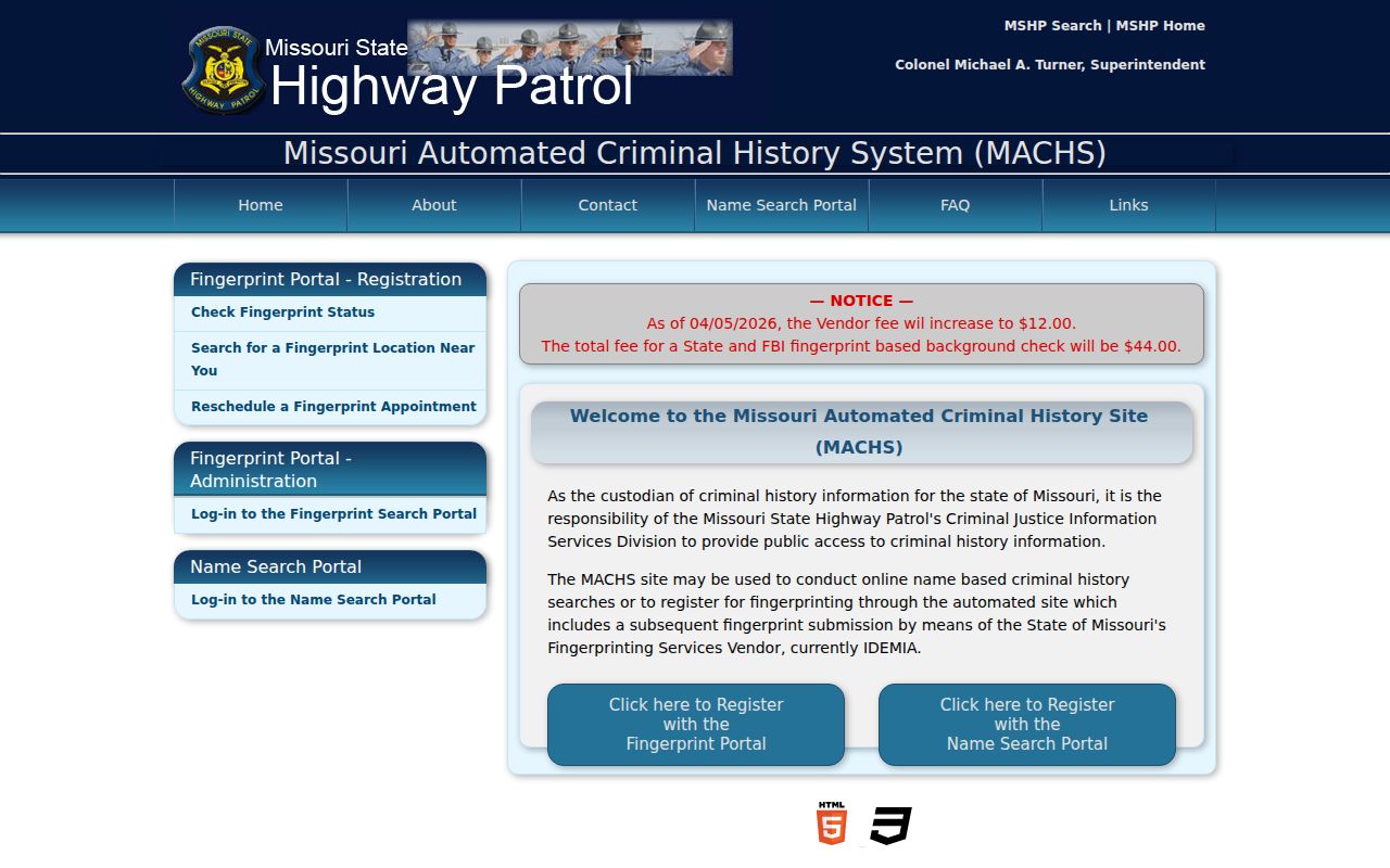 Dent County criminal history options on the Missouri MACHS portal
